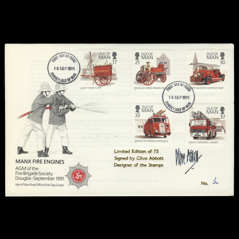 Isle of Man 1991 Fire Engines first day cover signed by Clive Abbott