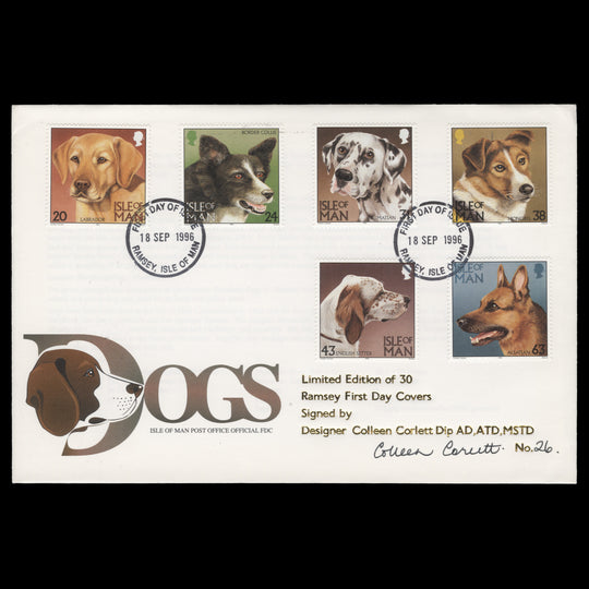 Isle of Man 1996 Dogs first day cover signed by designer Colleen Corlett