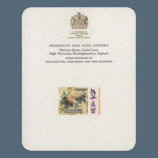 Selangor 1977 Precis Orithya Wallacei imperf proof on presentation card
