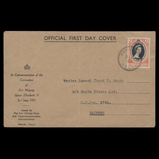 Kenya Uganda Tanganyika 1953 (FDC) 20c Coronation, RUMURUTI