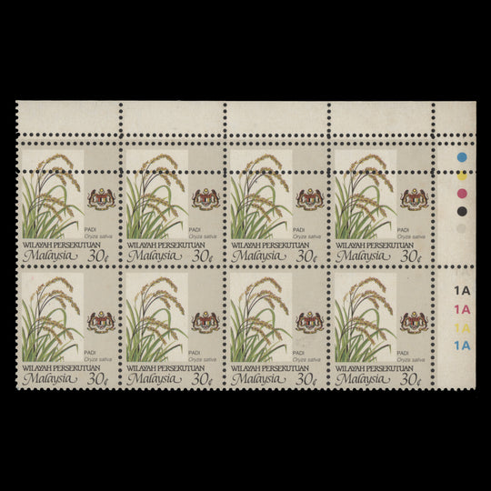 Federal Territory 1986 (Variety) 30c Rice plate 1A block with extra perf strikes