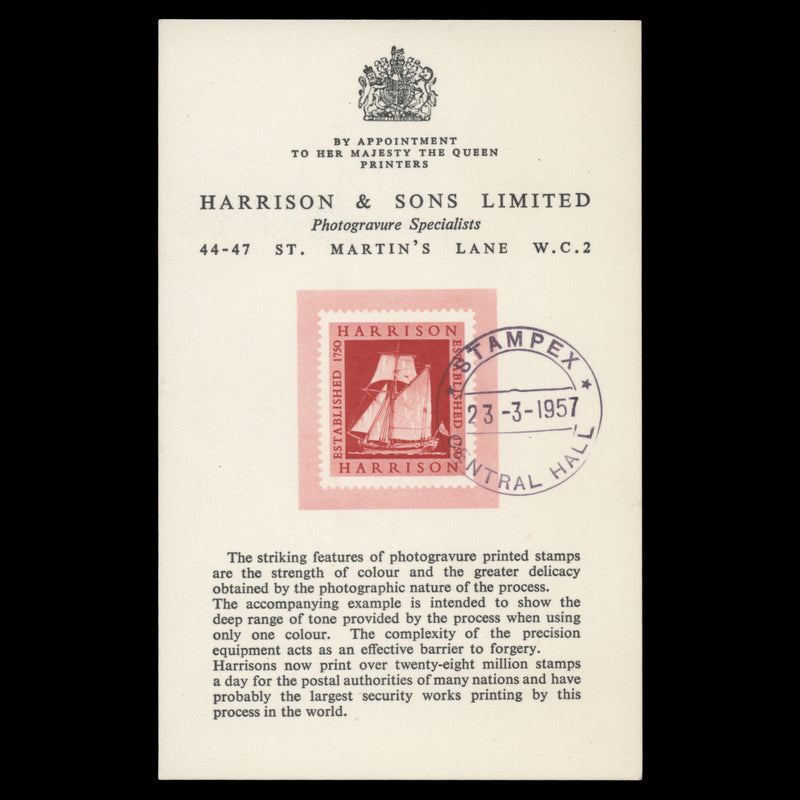 Great Britain 1957 Stampex, London last day souvenir card