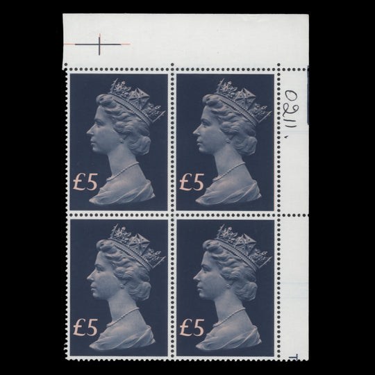 Great Britain 1977 (MNH) £5 Chalky Blue & Salmon block