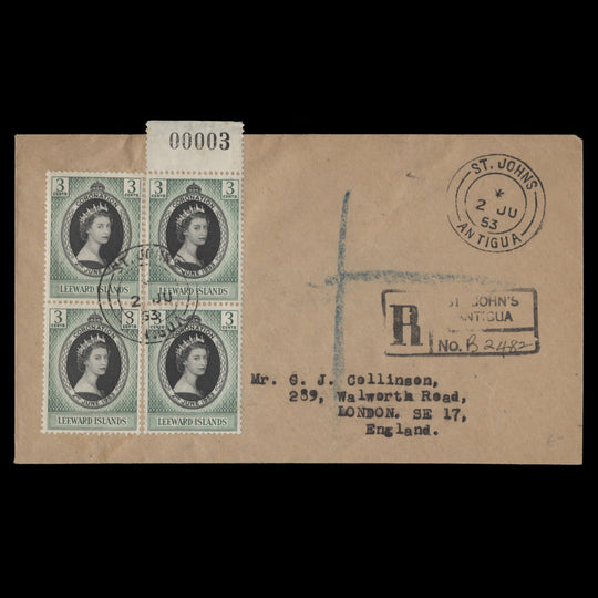 Leeward Islands 1953 (FDC) 3c Coronation block, ST JOHNS