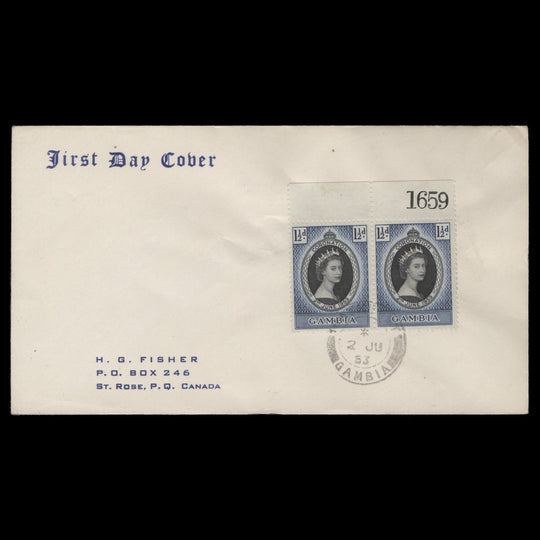 Gambia 1953 (FDC) 1½d Coronation pair, BATHURST