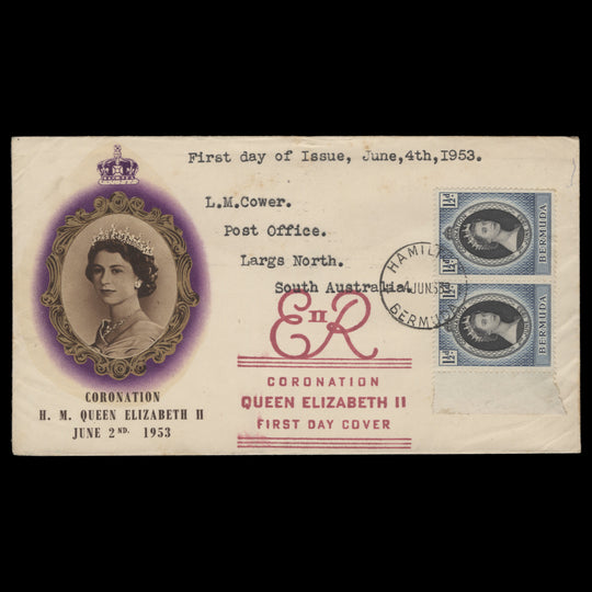 Bermuda 1953 (FDC) 1½d Coronation pair, HAMILTON