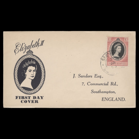 North Borneo 1953 (FDC) 10c Coronation, SANDAKAN