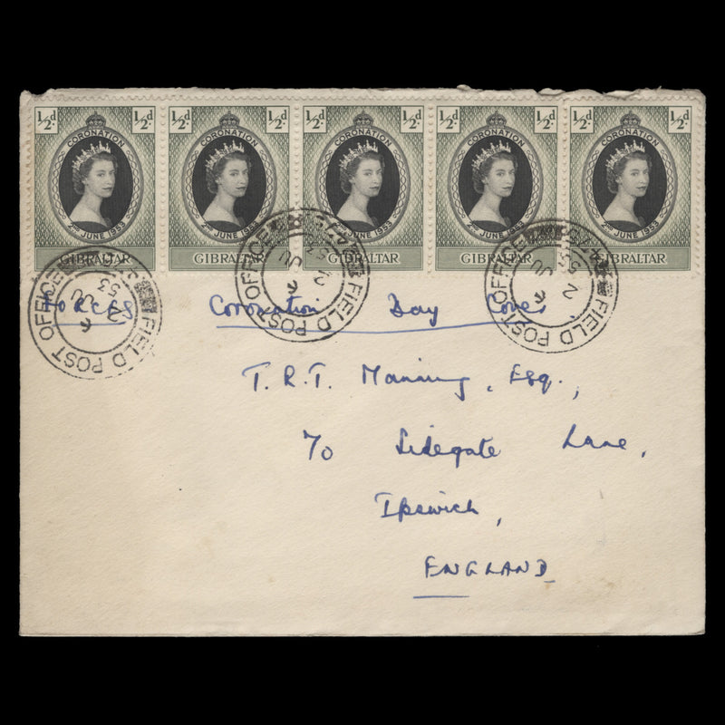 Gibraltar 1953 (FDC) 1½d Coronation strip, FIELD POST OFFICE 475
