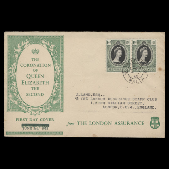 Malta 1953 (FDC) 1½d Coronation pair, VALLETTA