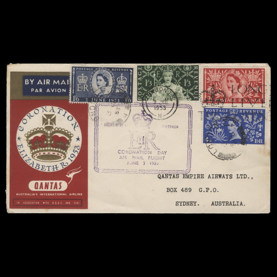 Great Britain 1953 Coronation first day Qantas cover, LONDON FS