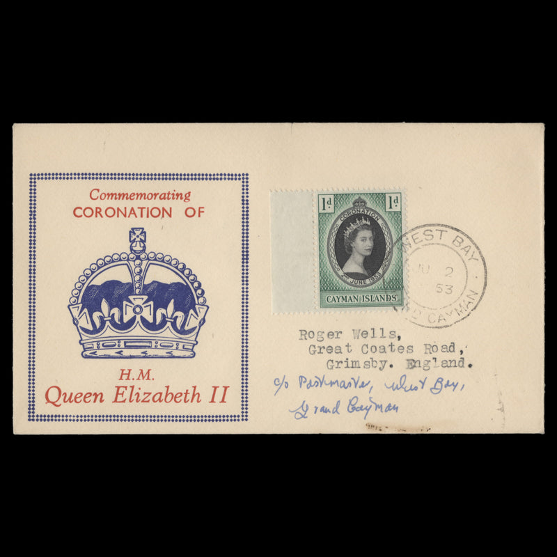 Cayman Islands 1953 (FDC) 1d Coronation, WEST BAY