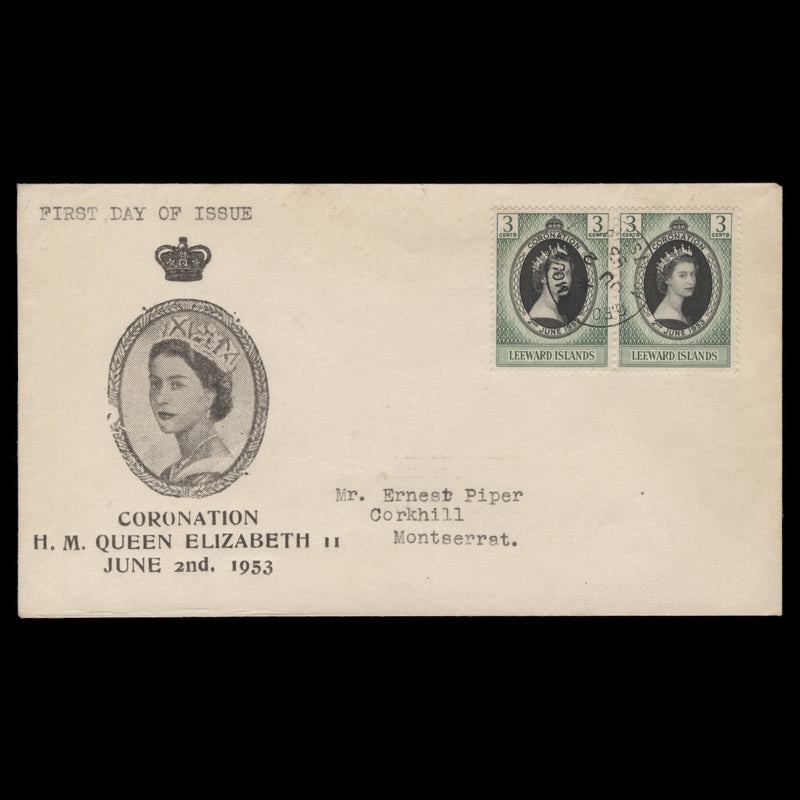 Leeward Islands 1953 (FDC) 3c Coronation pair, PLYMOUTH