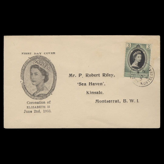 Leeward Islands 1953 (FDC) 3c Coronation, PLYMOUTH
