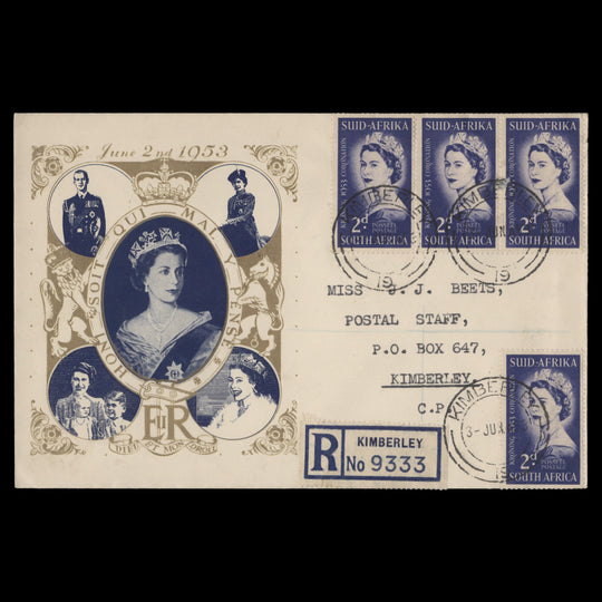 South Africa 1953 (FDC) 2d Coronation strip and single, KIMBERLEY