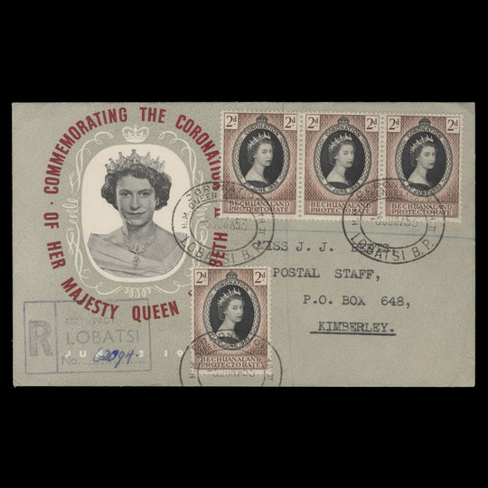 Bechuanaland 1953 (FDC) 2d Coronation strip and single, LOBATSI
