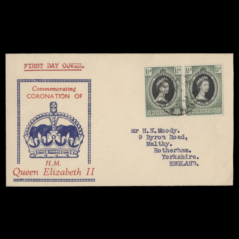 Malta 1953 (FDC) 1½d Coronation pair, VALLETTA