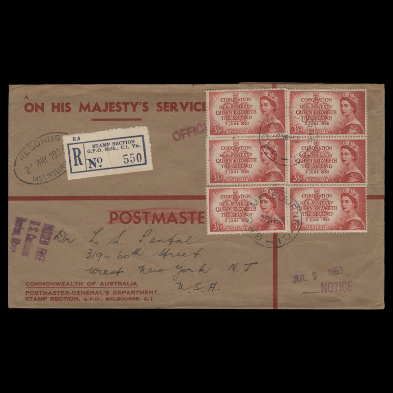 Australia 1953 (FDC) 3½d Coronation singles, MELBOURNE