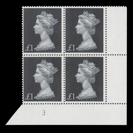Great Britain 1969 (MNH) £1 Bluish Black plate 3 block