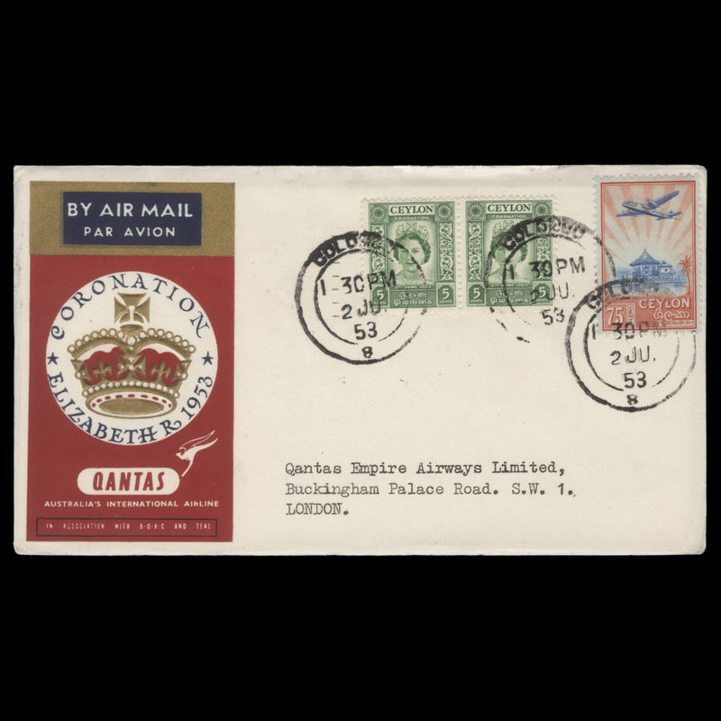 Ceylon 1953 (FDC) 5c Coronation pair, COLOMBO 8