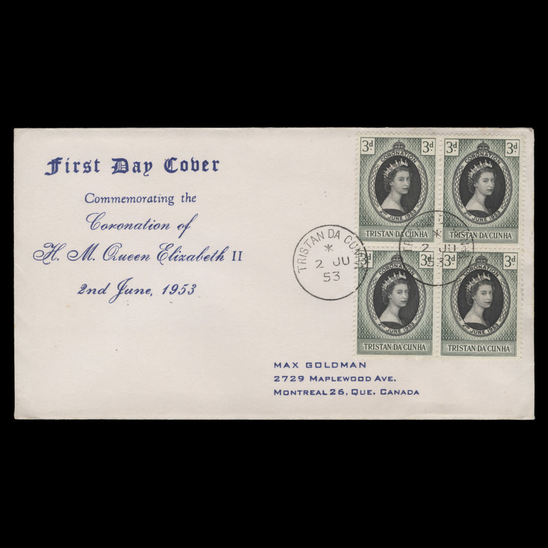 Tristan da Cunha 1953 (FDC) 3d Coronation block