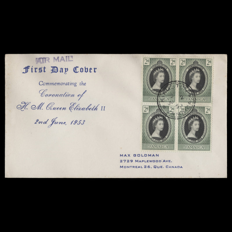 Jamaica 1953 (FDC) 2d Coronation block, KINGSTON