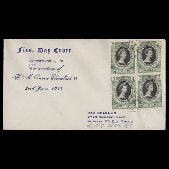 Leeward Islands 1953 (FDC) 3c Coronation block, PLYMOUTH