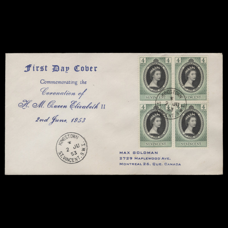 Saint Vincent 1953 (FDC) 4c Coronation block, KINGSTOWN