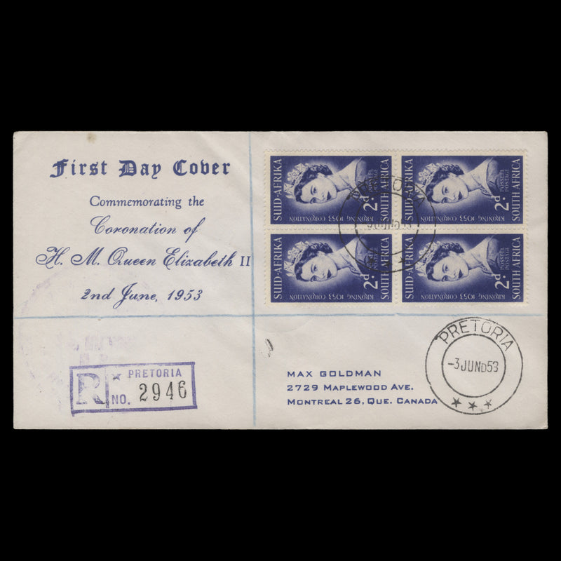 South Africa 1953 (FDC) 2d Coronation block, PRETORIA