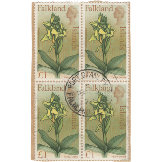 Falkland Islands 1970 (Used) £1 Yellow Orchid block