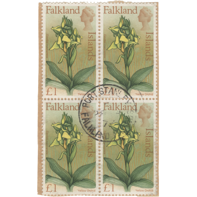 Falkland Islands 1970 (Used) £1 Yellow Orchid block