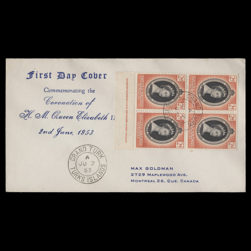 Turks & Caicos Islands 1953 (FDC) 2d Coronation imprint block, GRAND TURK