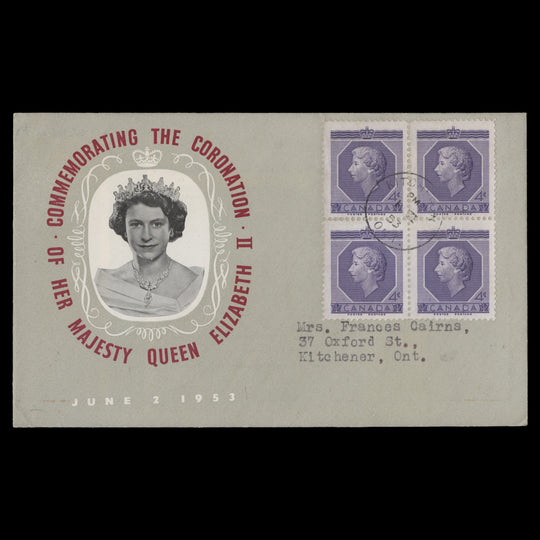 Canada 1953 (FDC) 4c Coronation block, KITCHENER