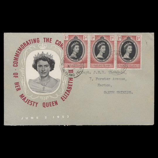 Falkland Islands 1953 (FDC) 1d Coronation strip, PORT STANLEY