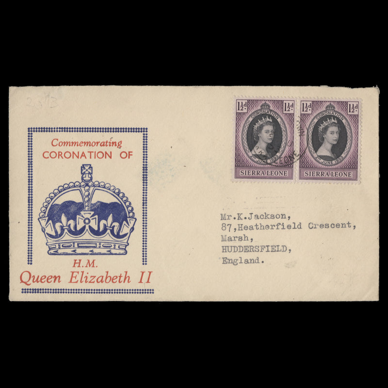 Sierra Leone 1953 (FDC) 1½d Coronation pair, FREETOWN