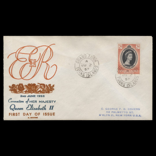 Turks & Caicos Islands 1953 (FDC) 2d Coronation, GRAND TURK