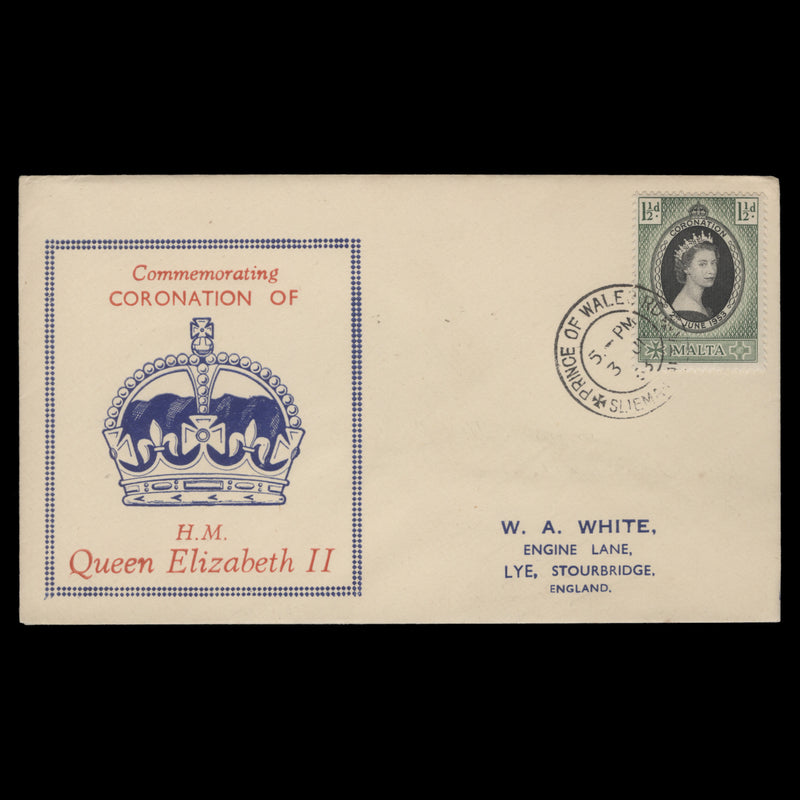 Malta 1953 (FDC) 1½d Coronation, PRINCE OF WALES RD