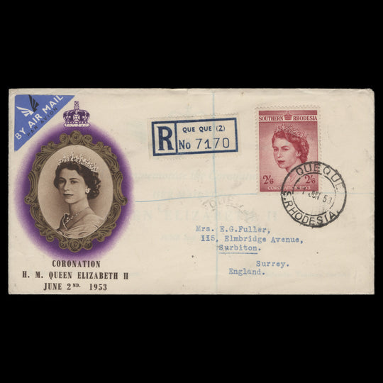 Southern Rhodesia 1953 (FDC) 2s6d Coronation, QUE QUE