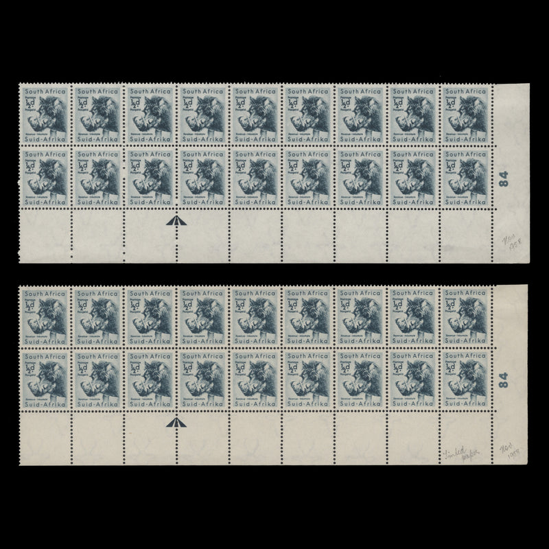 South Africa 1954 (MLH) ½d Warthog cylinder 84 blocks on different paper