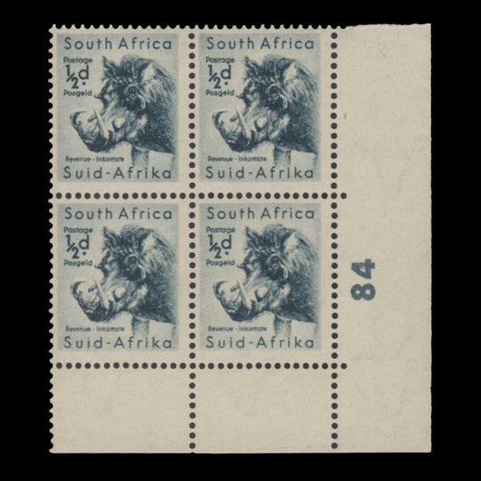 South Africa 1954 (MNH) ½d Warthog cylinder 84 block on cream paper