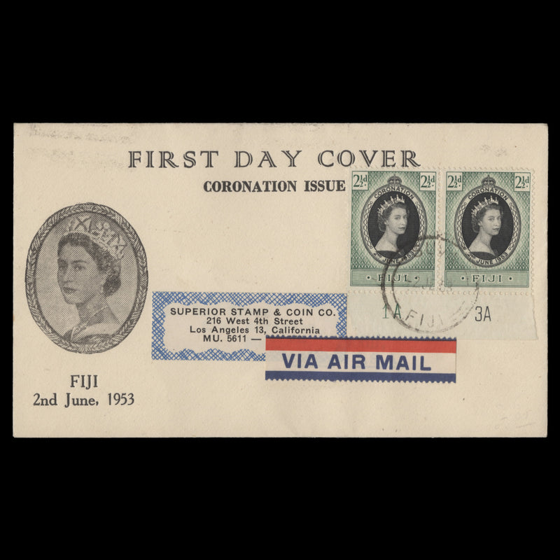 Fiji 1953 (FDC) 2½d Coronation plate 1A–3A pair, SUVA