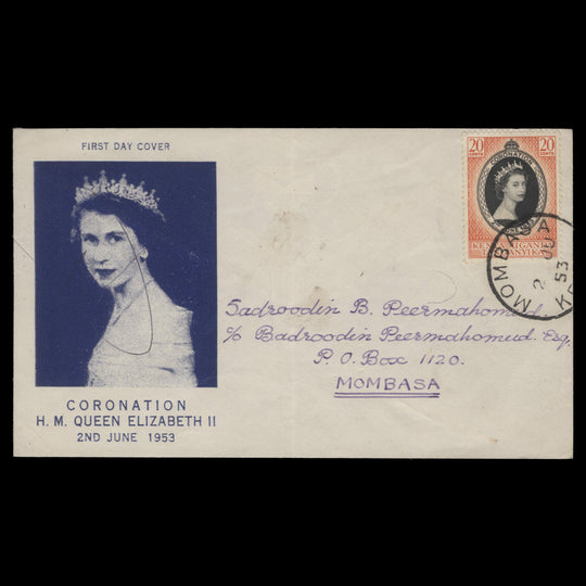 Kenya Uganda Tanganyika 1953 (FDC) 20c Coronation, MOMBASA
