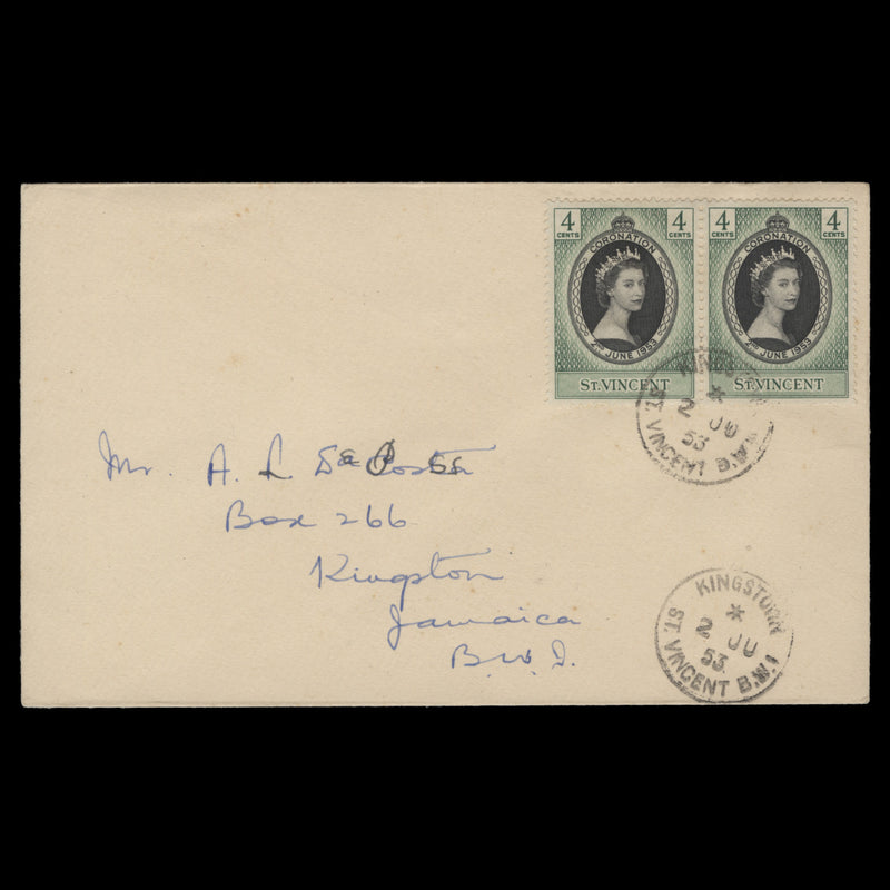 Saint Vincent 1953 (FDC) 4c Coronation pair, KINGSTOWN