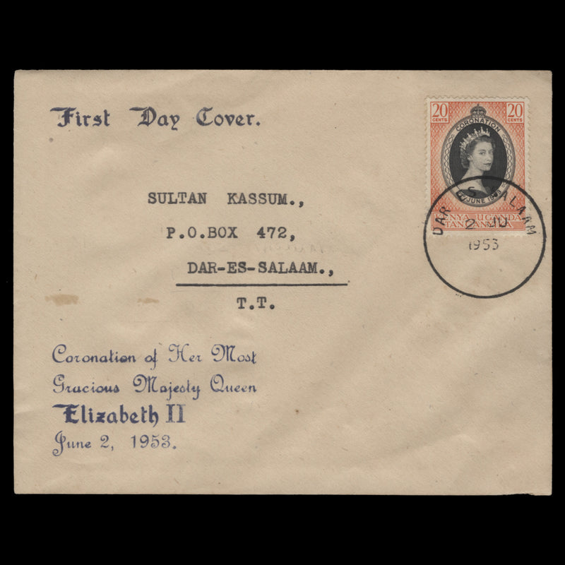 Kenya Uganda Tanganyika 1953 (FDC) 20c Coronation, DAR ES SALAAM