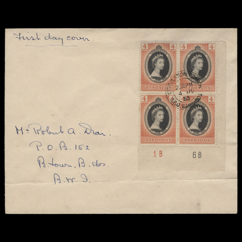 Barbados 1953 (FDC) 4c Coronation plate 1B–6B block