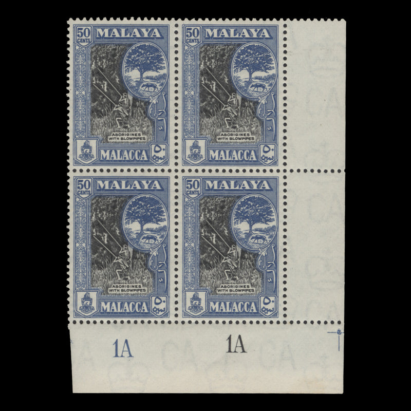 Malacca 1962 (MNH) 50c Aborigines with Blowpipes plate 1A–1A block