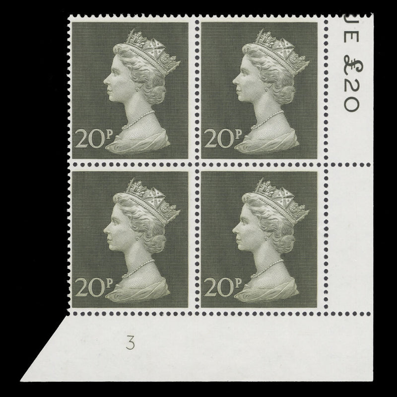 Great Britain 1970 (MNH) 20p Olive-Green plate 3 block