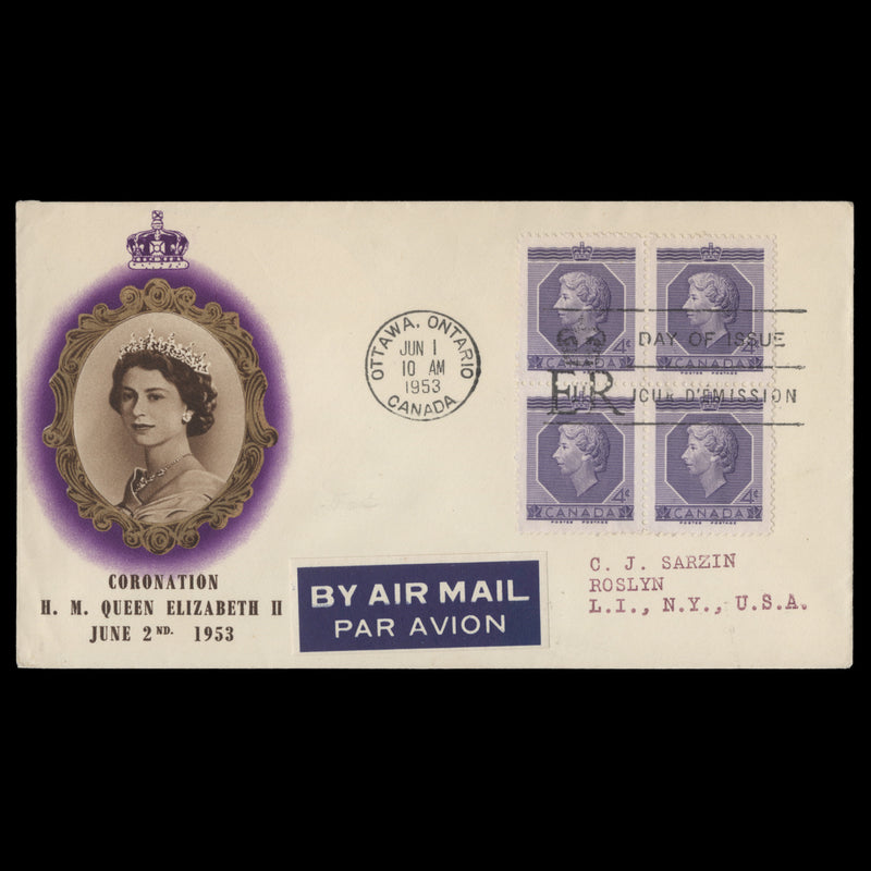 Canada 1953 (FDC) 4c Coronation block, OTTAWA