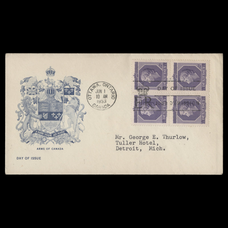 Canada 1953 (FDC) 4c Coronation block, OTTAWA