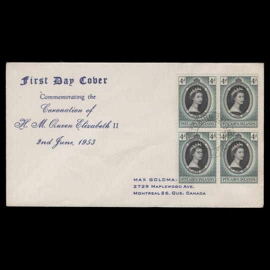 Pitcairn Islands 1953 (FDC) 4d Coronation block