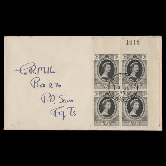 Gilbert & Ellice Islands 1953 (FDC) 2d Coronation block, ABEMAMA